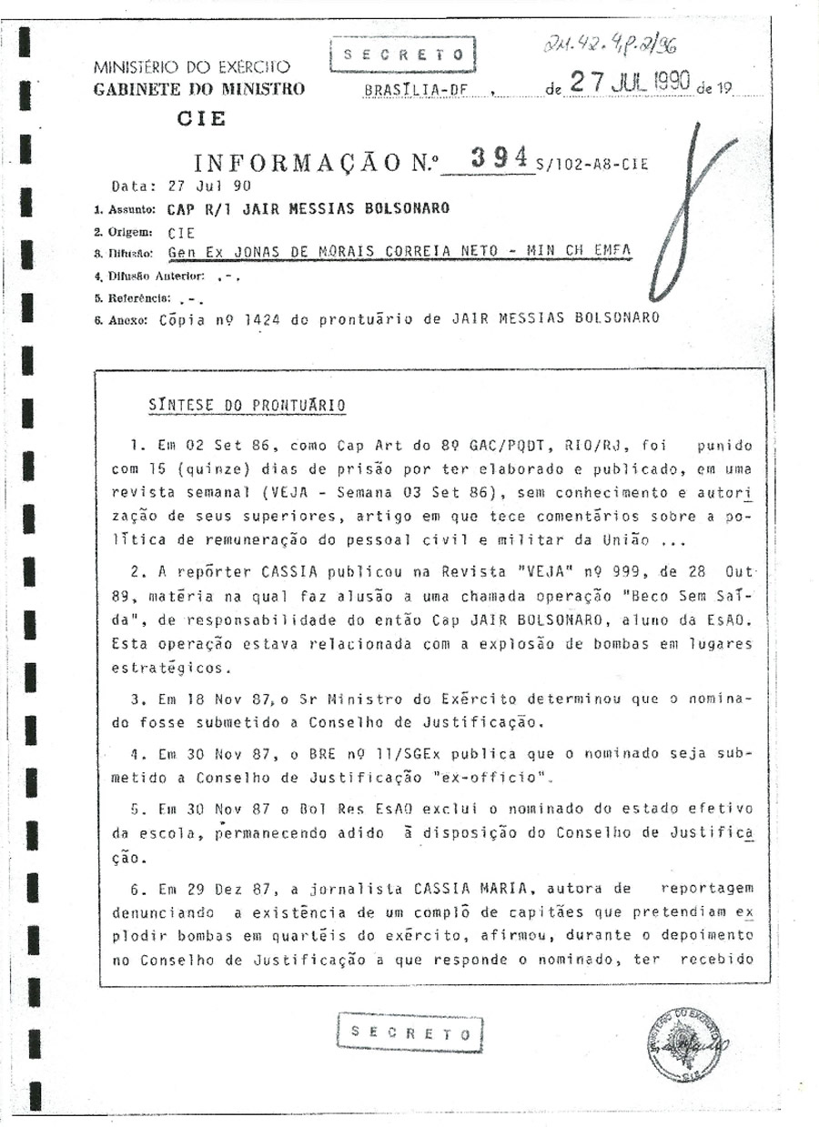 Os documentos do Exército a respeito da expulsão de Bolsonaro da Escola de Oficiais após plano terrorista