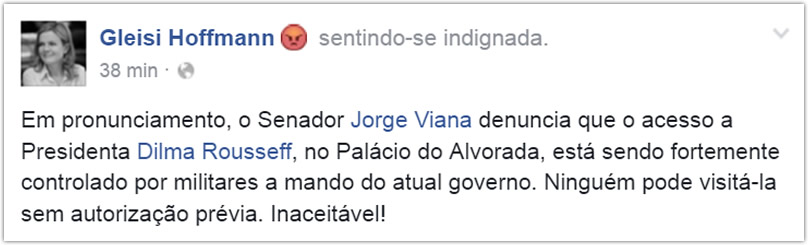 Senador denuncia que Dilma está detida no Alvorada pelo exército